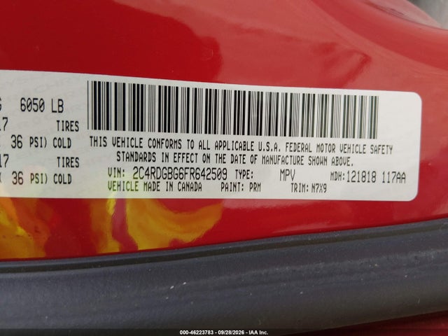 Aukcja sprzedaży 2015 Dodge Grand Caravan Se Plus, vin: 2C4RDGBG6FR642509, numer aukcji: 46223783