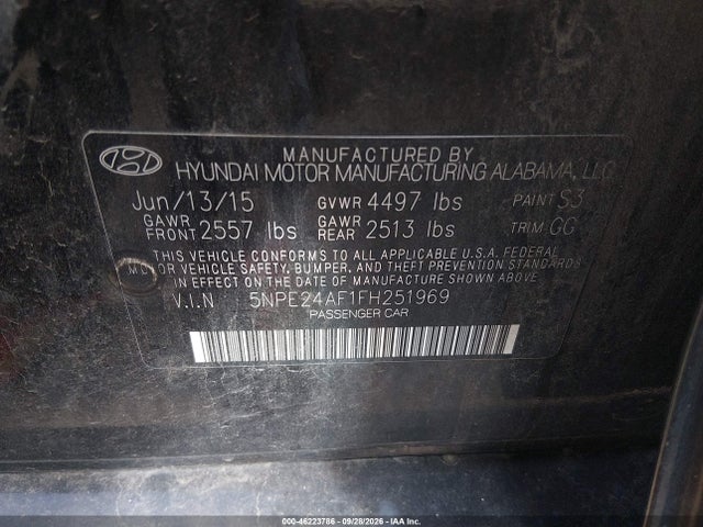 Продажа на аукционе авто 2015 Hyundai Sonata Se, vin: 5NPE24AF1FH251969, номер лота: 46223786