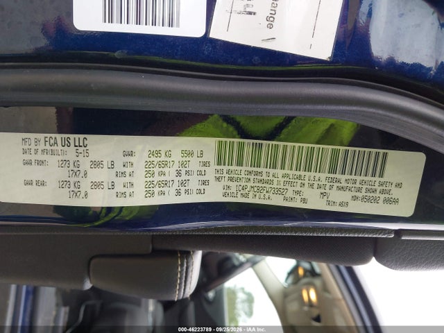 2015 Jeep Cherokee Latitude მანქანა იყიდება აუქციონზე, vin: 1C4PJMCB2FW733527, აუქციონის ნომერი: 46223789