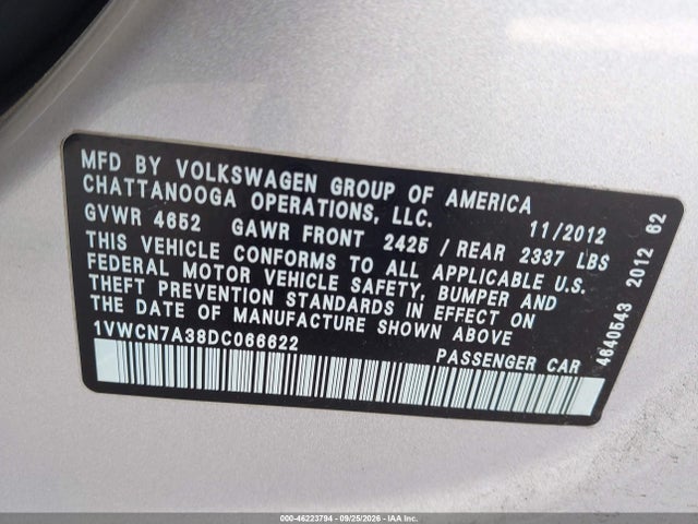 2013 Volkswagen Passat 2.0l Tdi Sel Premium მანქანა იყიდება აუქციონზე, vin: 1VWCN7A38DC066622, აუქციონის ნომერი: 46223794
