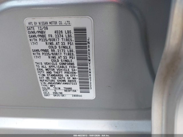 46223813 :رقم المزاد ، JN8AS5MV1AW607223 vin ، 2010 Nissan Rogue Sl مزاد بيع