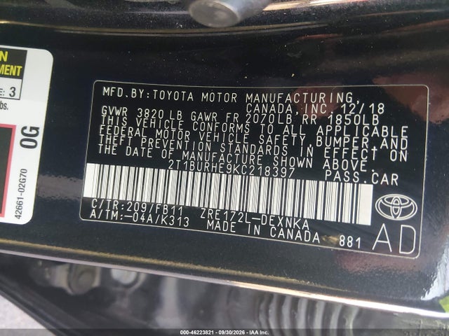 Aukcja sprzedaży 2019 Toyota Corolla Le, vin: 2T1BURHE9KC218397, numer aukcji: 46223821