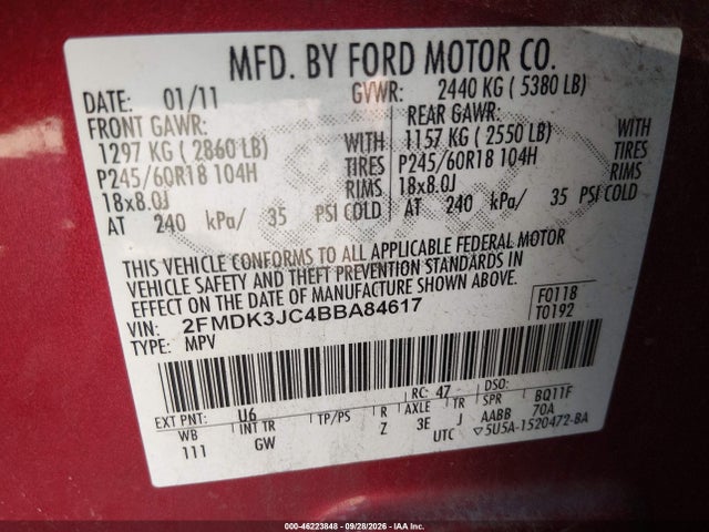 Продажа на аукционе авто 2011 Ford Edge Sel, vin: 2FMDK3JC4BBA84617, номер лота: 46223848