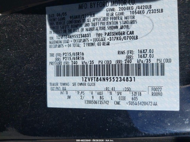Продажа на аукционе авто 2005 Ford Mustang, vin: 1ZVFT84N955234831, номер лота: 46223849