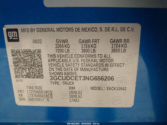 46223852 :رقم المزاد ، 3GCUDCET3NG656206 vin ، 2022 Chevrolet Silverado 1500 4wd  Short Bed Custom Trail Boss مزاد بيع