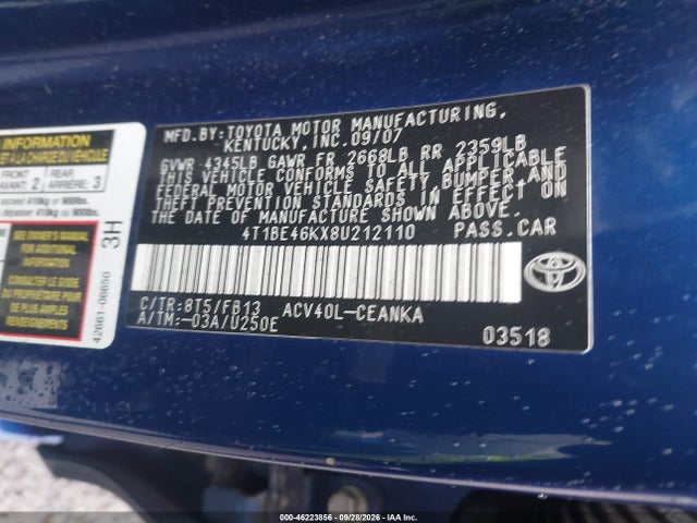 Продаж на аукціоні авто 2008 Toyota Camry Le, vin: 4T1BE46KX8U212110, номер лоту: 46223856