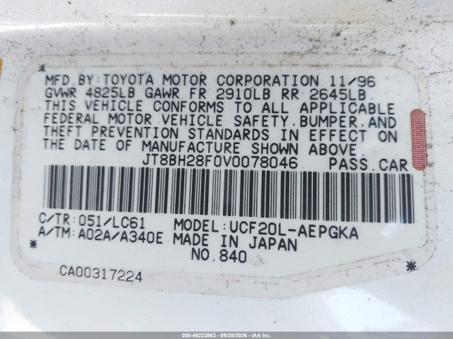 46223863 :رقم المزاد ، JT8BH28F0V0078046 vin ، 1997 Lexus Ls 400 مزاد بيع