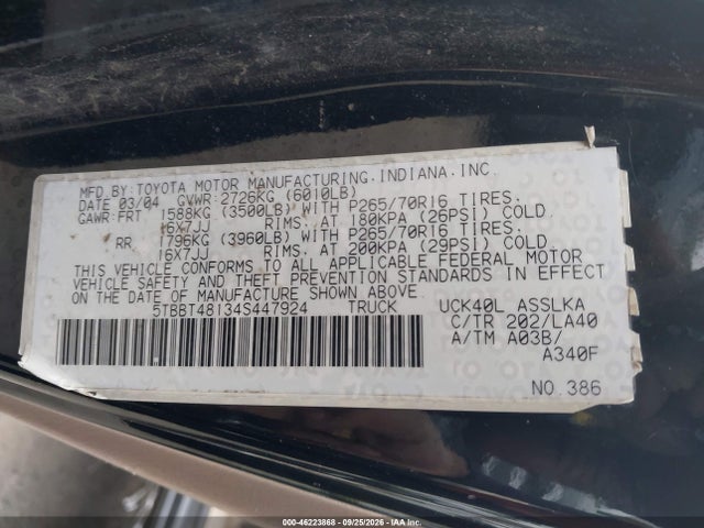 Продаж на аукціоні авто 2004 Toyota Tundra Limited V8, vin: 5TBBT48134S447924, номер лоту: 46223868