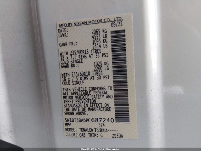 46223875 :رقم المزاد ، 5N1BT3BA6PC687240 vin ، 2023 Nissan Rogue Sv Fwd مزاد بيع