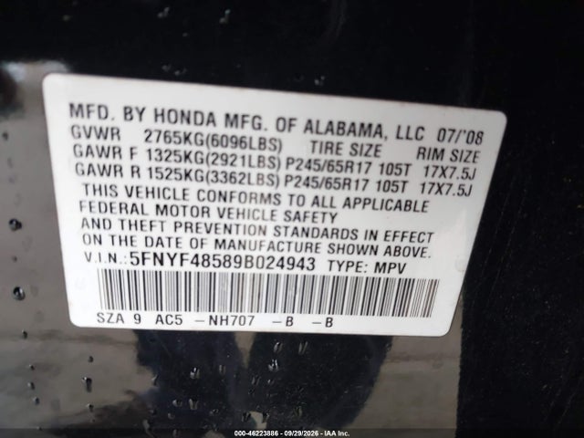 46223886 :رقم المزاد ، 5FNYF48589B024943 vin ، 2009 Honda Pilot Ex-l مزاد بيع