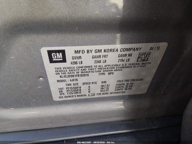 2015 Buick Encore Premium მანქანა იყიდება აუქციონზე, vin: KL4CJDSB1FB182816, აუქციონის ნომერი: 46223891
