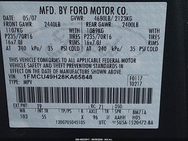 2008 Ford Escape Hybrid მანქანა იყიდება აუქციონზე, vin: 1FMCU49H28KA65848, აუქციონის ნომერი: 46223917