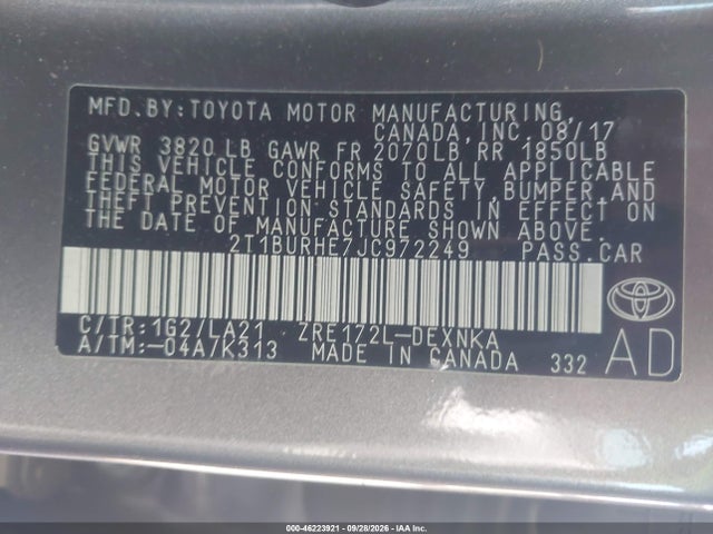 Продажа на аукционе авто 2018 Toyota Corolla Xle, vin: 2T1BURHE7JC972249, номер лота: 46223921