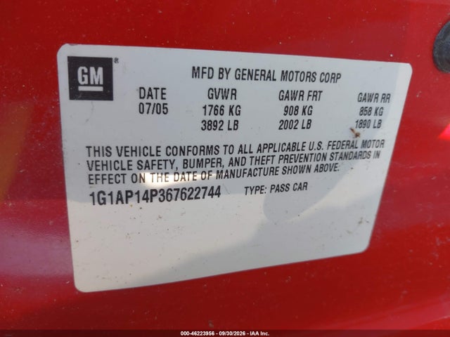 46223956 :رقم المزاد ، 1G1AP14P367622744 vin ، 2006 Chevrolet Cobalt Ss Supercharged مزاد بيع