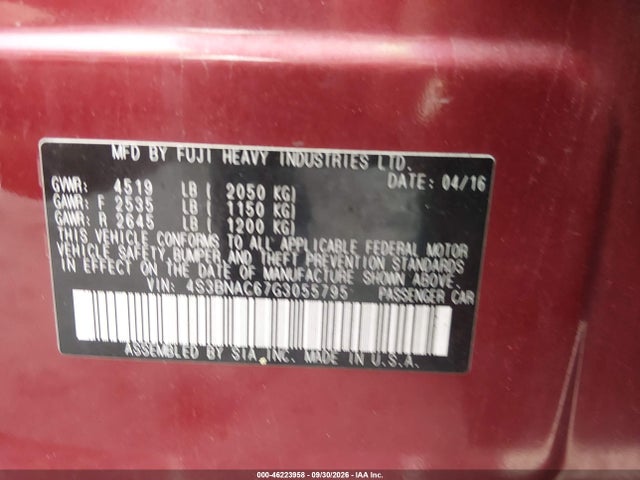 46223958 :رقم المزاد ، 4S3BNAC67G3055795 vin ، 2016 Subaru Legacy 2.5i Premium مزاد بيع