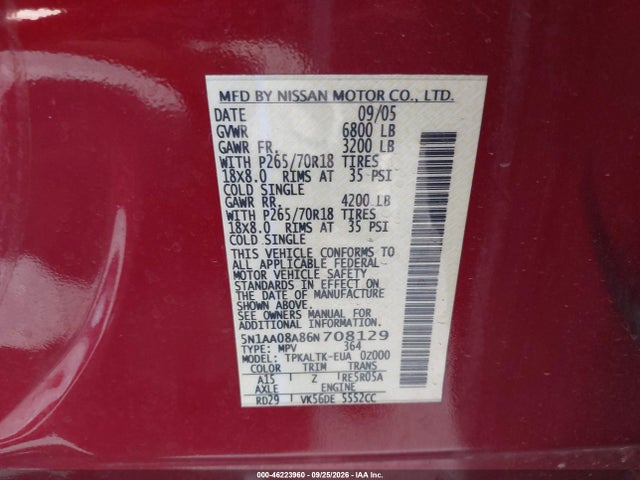 Продаж на аукціоні авто 2006 Nissan Armada Se, vin: 5N1AA08A86N708129, номер лоту: 46223960