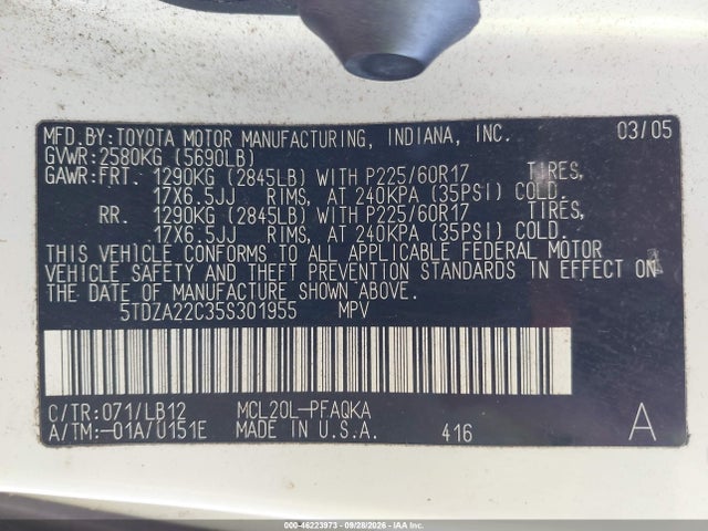 Продаж на аукціоні авто 2005 Toyota Sienna Xle, vin: 5TDZA22C35S301955, номер лоту: 46223973