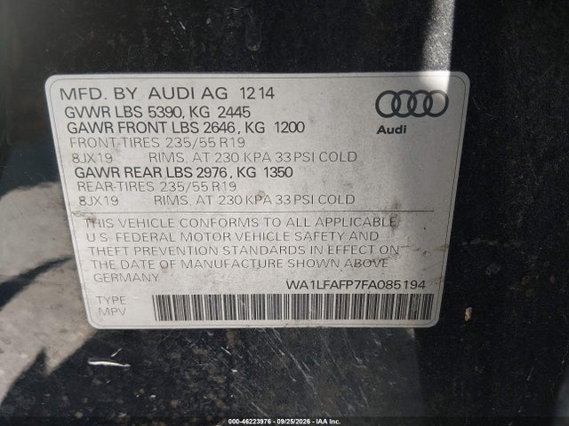 46223976 :رقم المزاد ، WA1LFAFP7FA085194 vin ، 2015 Audi Q5 2.0t Premium مزاد بيع