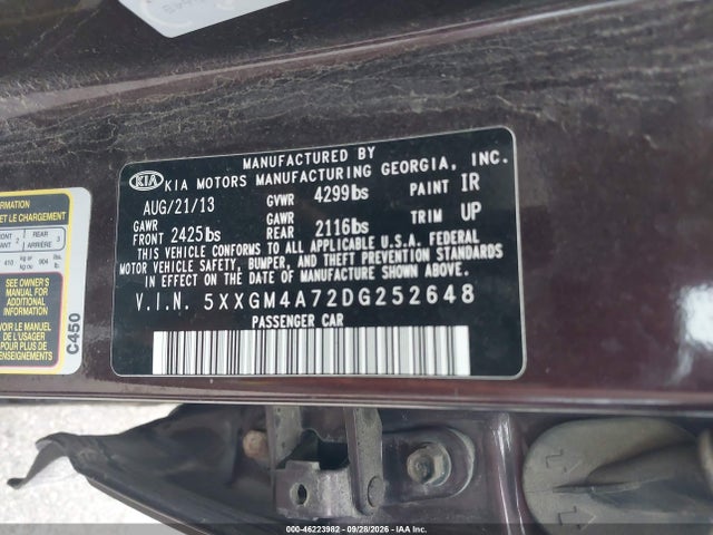 46223982 :رقم المزاد ، 5XXGM4A72DG252648 vin ، 2013 Kia Optima Lx مزاد بيع