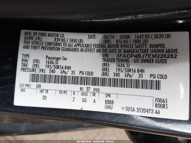 2014 Ford Fiesta Se მანქანა იყიდება აუქციონზე, vin: 3FADP4BJ7EM226282, აუქციონის ნომერი: 46223985