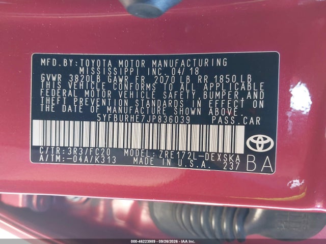 Продаж на аукціоні авто 2018 Toyota Corolla Se, vin: 5YFBURHE7JP836039, номер лоту: 46223989