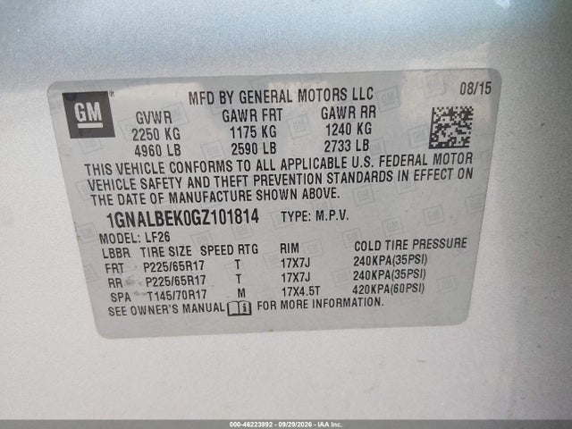 46223992 :رقم المزاد ، 1GNALBEK0GZ101814 vin ، 2016 Chevrolet Equinox Ls مزاد بيع