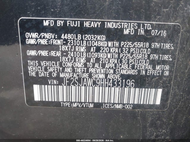 2017 Subaru Forester 2.5i Touring მანქანა იყიდება აუქციონზე, vin: JF2SJAWC9HH433196, აუქციონის ნომერი: 46224004