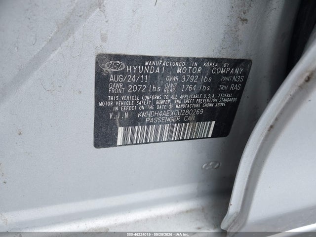 46224019 :رقم المزاد ، KMHDH4AEXCU280269 vin ، 2012 Hyundai Elantra Limited (ulsan Plant) مزاد بيع