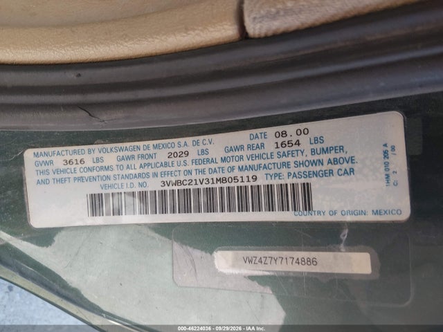 Aukcja sprzedaży 2001 Volkswagen Cabrio Gl, vin: 3VWBC21V31M805119, numer aukcji: 46224036