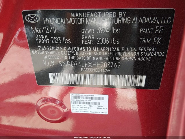 2017 Hyundai Elantra Se მანქანა იყიდება აუქციონზე, vin: 5NPD74LFXHH203769, აუქციონის ნომერი: 46224041