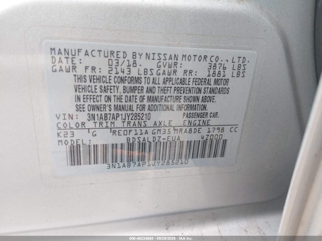 Aukcja sprzedaży 2018 Nissan Sentra Sv, vin: 3N1AB7AP1JY285210, numer aukcji: 46224060