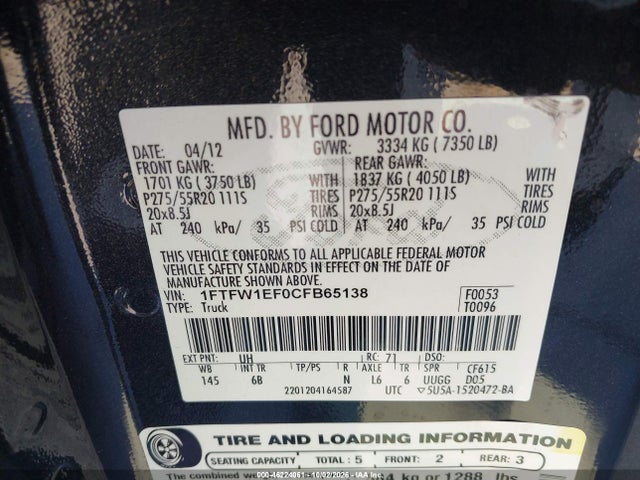 Aukcja sprzedaży 2012 Ford F-150 Fx4, vin: 1FTFW1EF0CFB65138, numer aukcji: 46224061