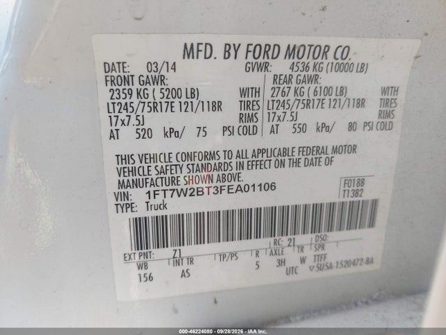 Продажа на аукционе авто 2015 Ford F-250 Xl, vin: 1FT7W2BT3FEA01106, номер лота: 46224080
