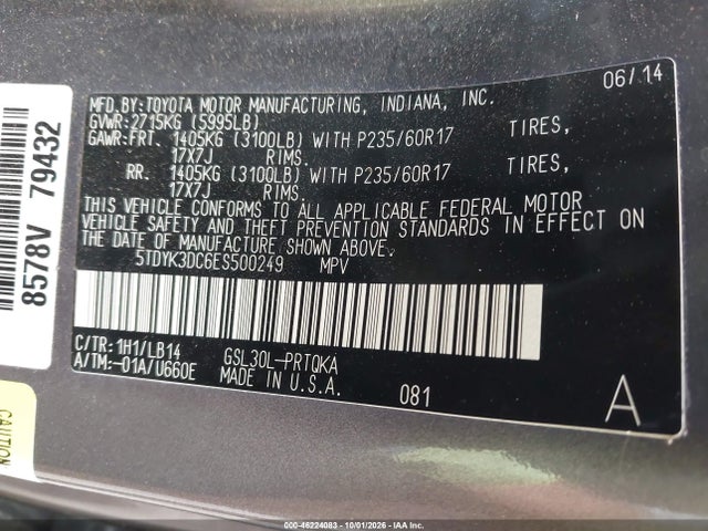 Aukcja sprzedaży 2014 Toyota Sienna Xle V6 8 Passenger, vin: 5TDYK3DC6ES500249, numer aukcji: 46224083