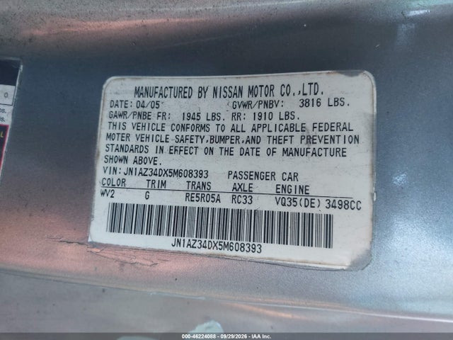 46224088 :رقم المزاد ، JN1AZ34DX5M608393 vin ، 2005 Nissan 350z Enthusiast مزاد بيع