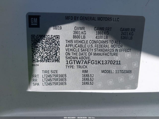 46224091 :رقم المزاد ، 1GTW7AFG1K1370211 vin ، 2019 Gmc Savana 2500 Work Van مزاد بيع
