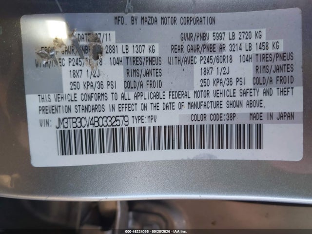 Aukcja sprzedaży 2011 Mazda Cx-9 Touring, vin: JM3TB3CV4B0332579, numer aukcji: 46224095