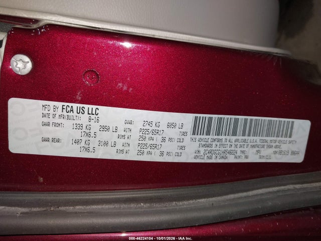 46224104 :رقم المزاد ، 2C4RDGCG1HR546224 vin ، 2017 Dodge Grand Caravan Sxt مزاد بيع