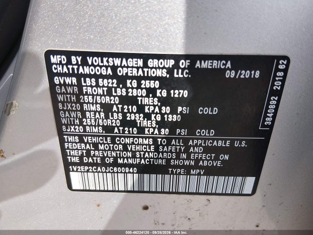 2018 Volkswagen Atlas 2.0t Sel მანქანა იყიდება აუქციონზე, vin: 1V2EP2CA0JC600940, აუქციონის ნომერი: 46224120