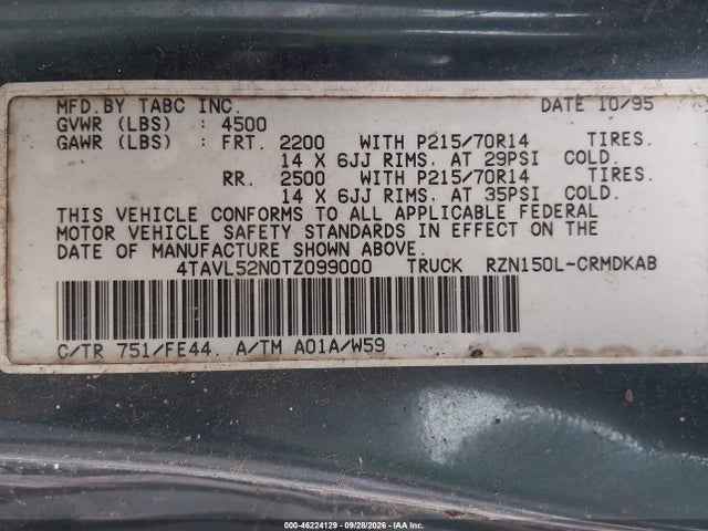 Продаж на аукціоні авто 1996 Toyota Tacoma Xtracab, vin: 4TAVL52N0TZ099000, номер лоту: 46224129