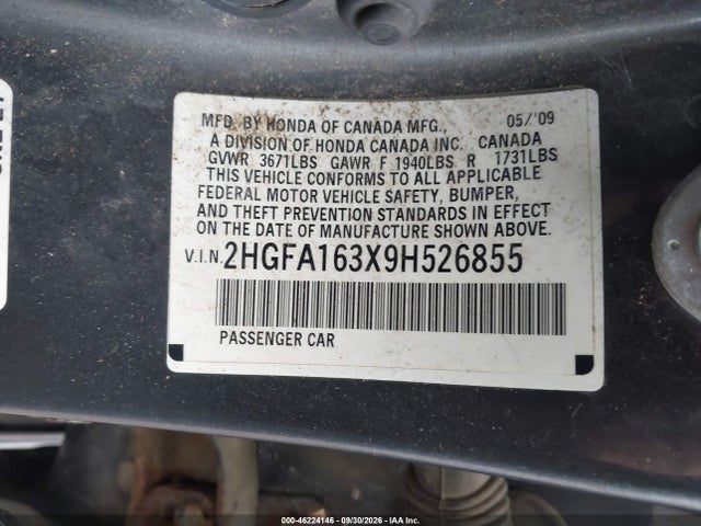 Продаж на аукціоні авто 2009 Honda Civic Vp, vin: 2HGFA163X9H526855, номер лоту: 46224146