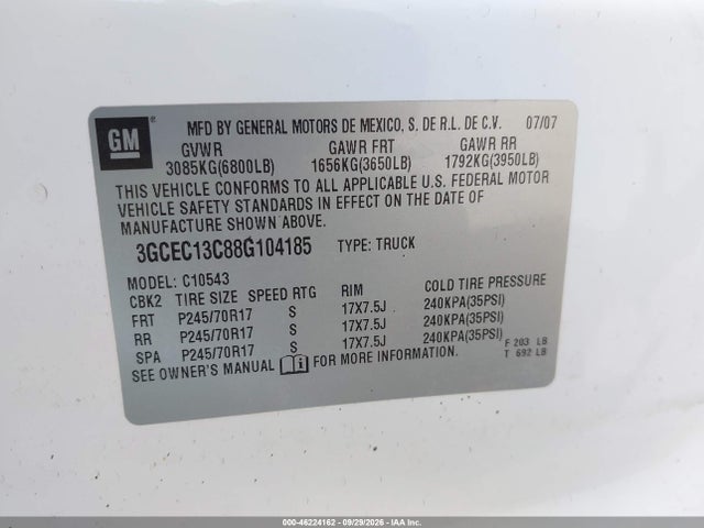 Продаж на аукціоні авто 2008 Chevrolet Silverado 1500 Lt W/1lt, vin: 3GCEC13C88G104185, номер лоту: 46224162