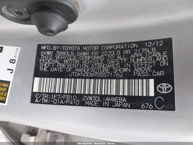 Aukcja sprzedaży 2013 Toyota Prius Three, vin: JTDKN3DU7D5571762, numer aukcji: 46224165