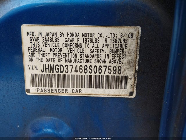 Продажа на аукционе авто 2008 Honda Fit, vin: JHMGD37468S067598, номер лота: 46224167