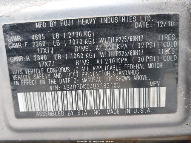 46224192 :رقم المزاد ، 4S4BRDKC4B2383103 vin ، 2011 Subaru Outback 3.6r Limited مزاد بيع