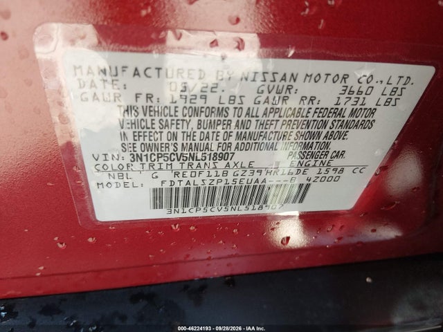 46224193 :رقم المزاد ، 3N1CP5CV5NL518907 vin ، 2022 Nissan Kicks Sv Xtronic Cvt مزاد بيع
