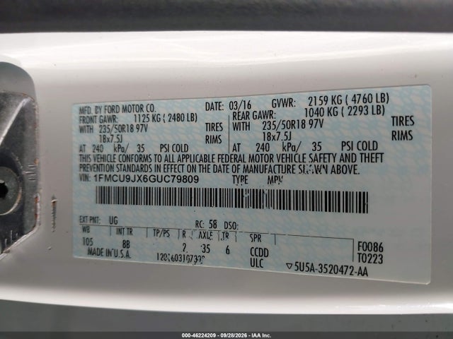 46224209 :رقم المزاد ، 1FMCU9JX6GUC79809 vin ، 2016 Ford Escape Titanium مزاد بيع