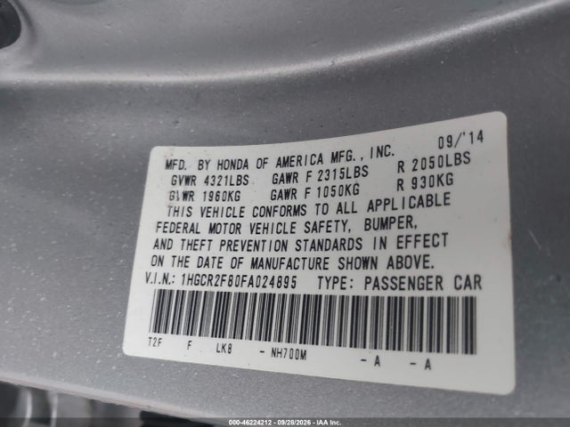 2015 Honda Accord Ex-l მანქანა იყიდება აუქციონზე, vin: 1HGCR2F80FA024895, აუქციონის ნომერი: 46224212