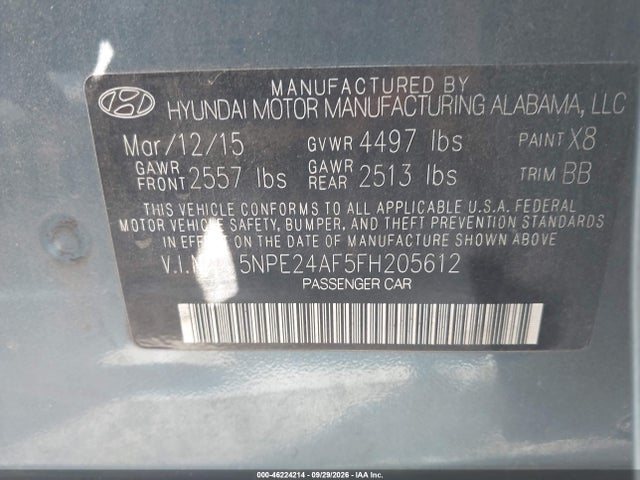 2015 Hyundai Sonata 2.4l Se მანქანა იყიდება აუქციონზე, vin: 5NPE24AF5FH205612, აუქციონის ნომერი: 46224214