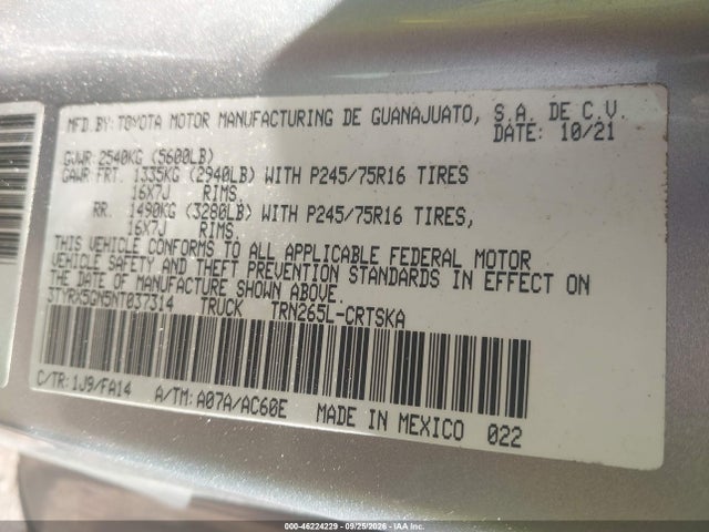 2022 Toyota Tacoma Sr მანქანა იყიდება აუქციონზე, vin: 3TYRX5GN5NT037314, აუქციონის ნომერი: 46224229